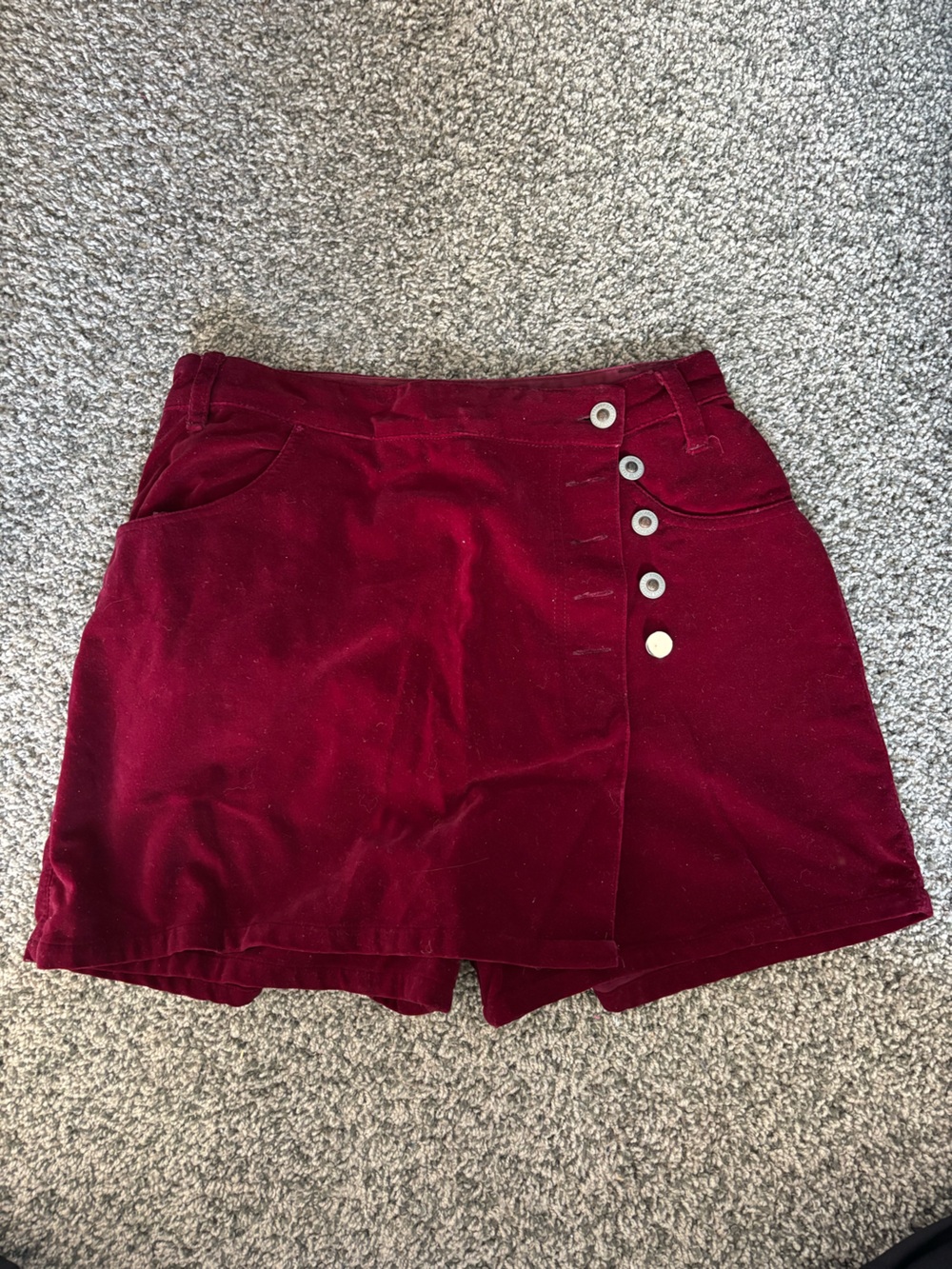 High-Waist Velvet Button-Front Shorts in Burgundy